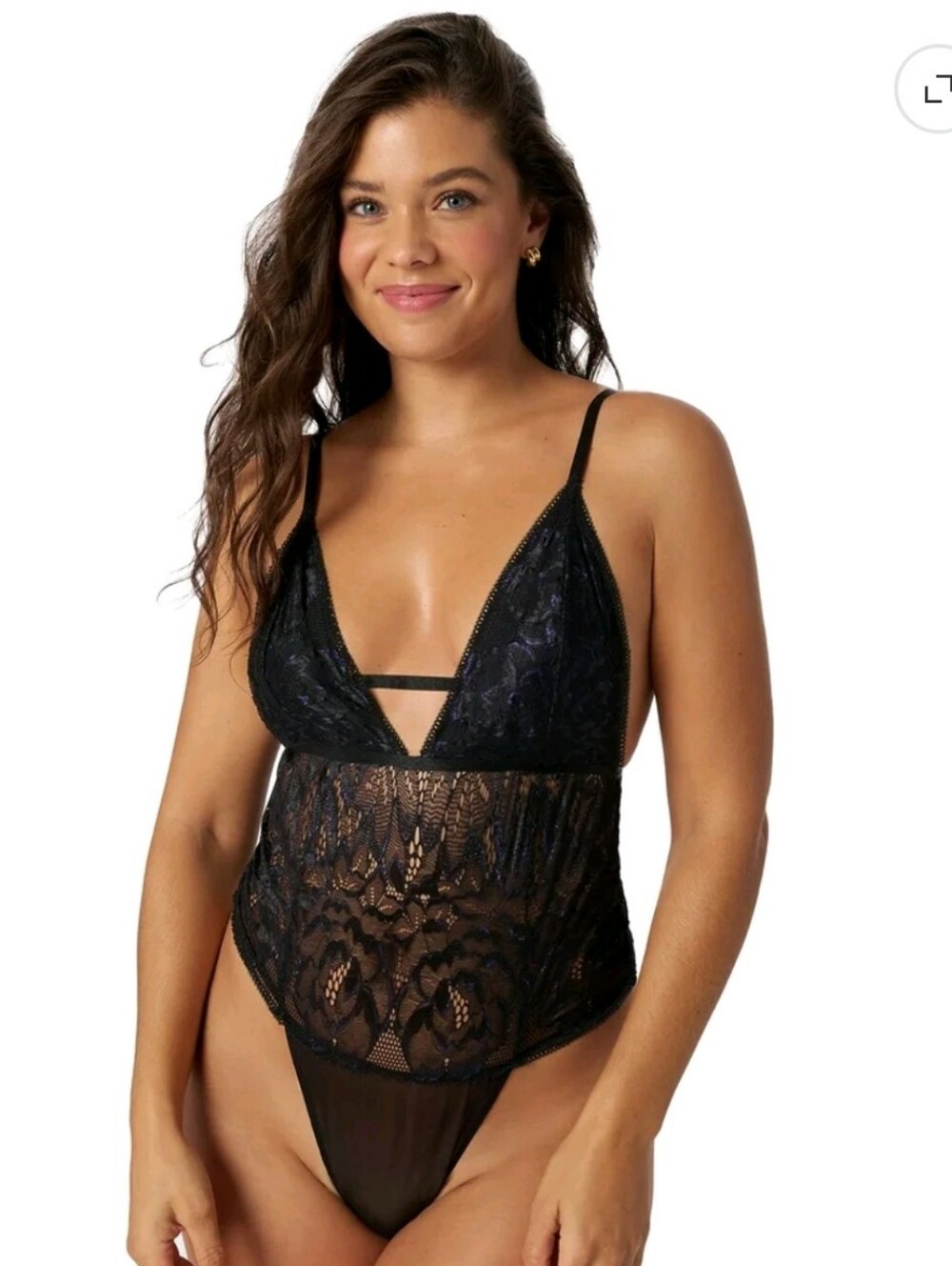 Adored by Adore Me Micro Lace Unlined Evalynn Bodysuit Jet Black & Blue Rose 3X